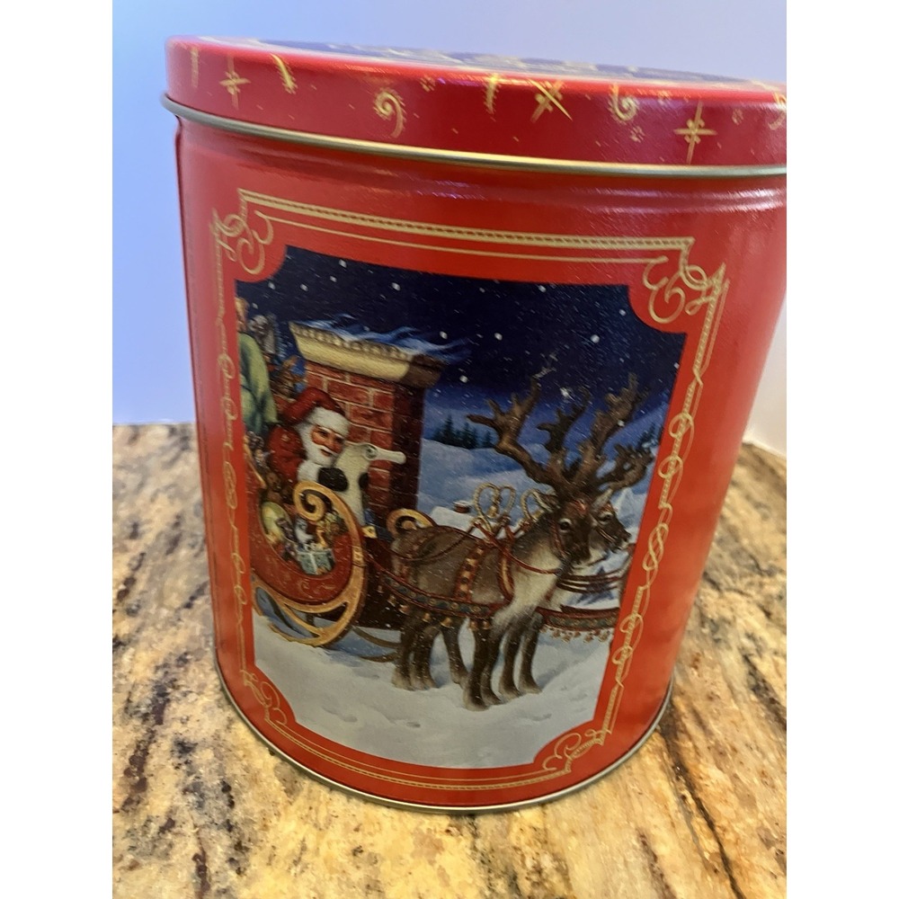 Vintage 1984 Santa Checking His List Reindeer Classic Tin Holiday Red Container